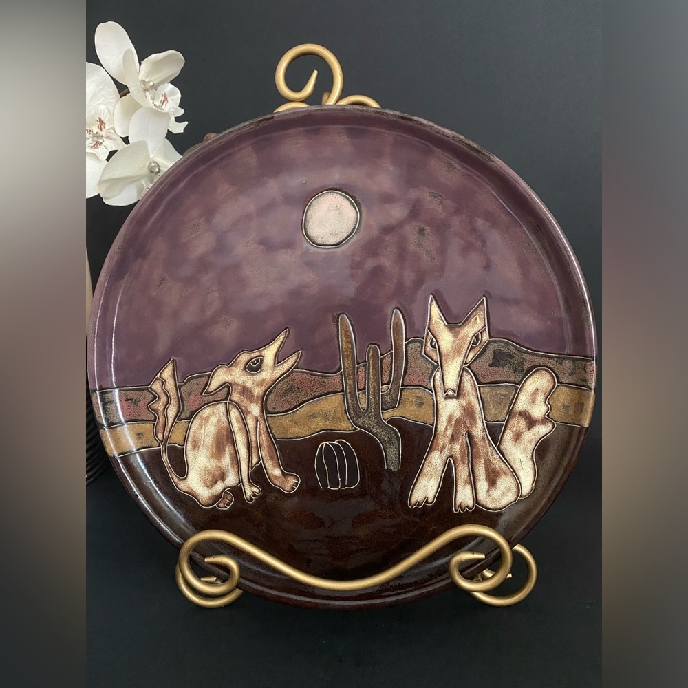 Mara Mexico Pottery Plate Wolves Cactus Southwestern Signed Purple Pink Green